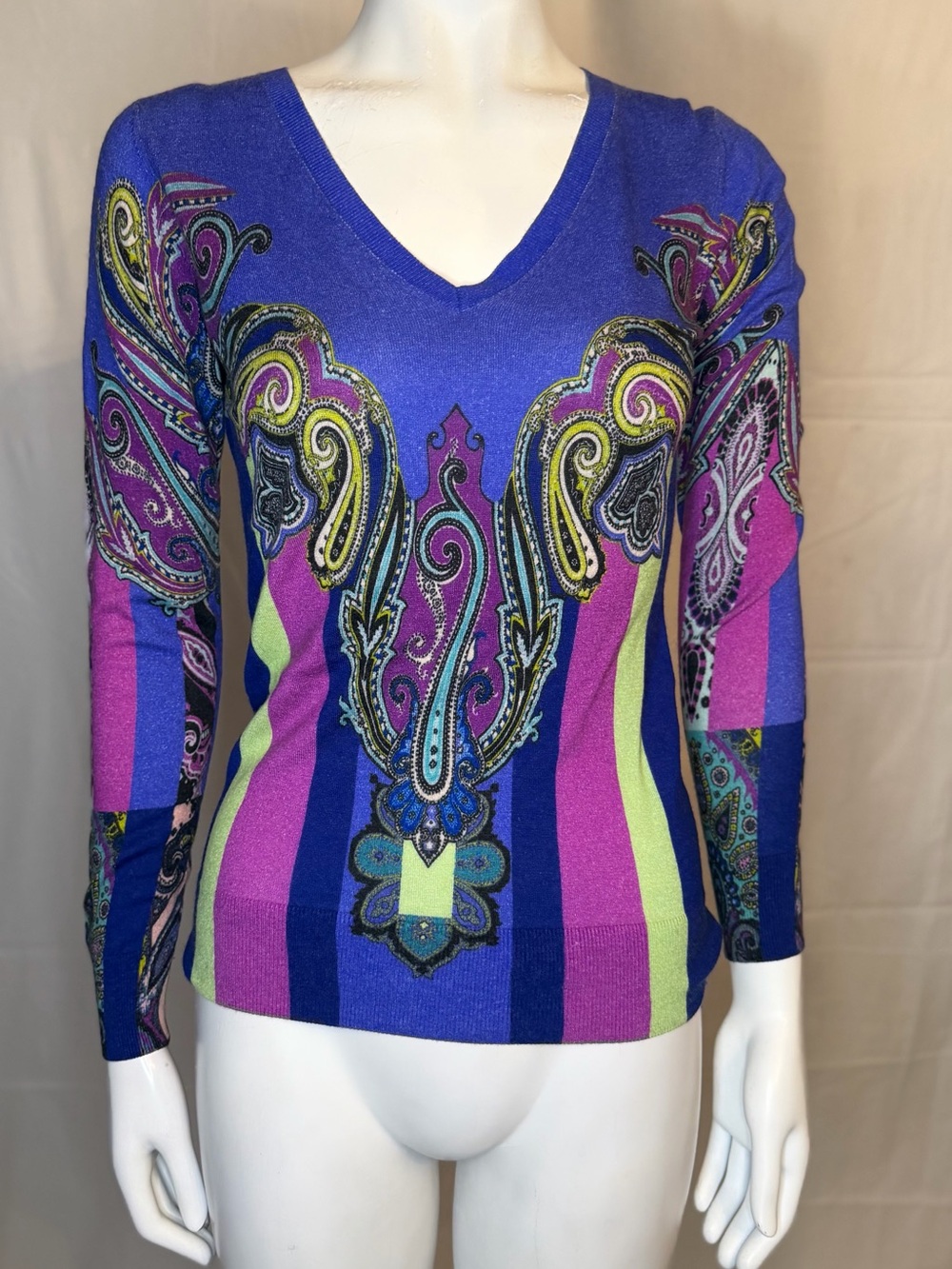 Etro Lavender Knit Top with Lime and Royal Blue Accents